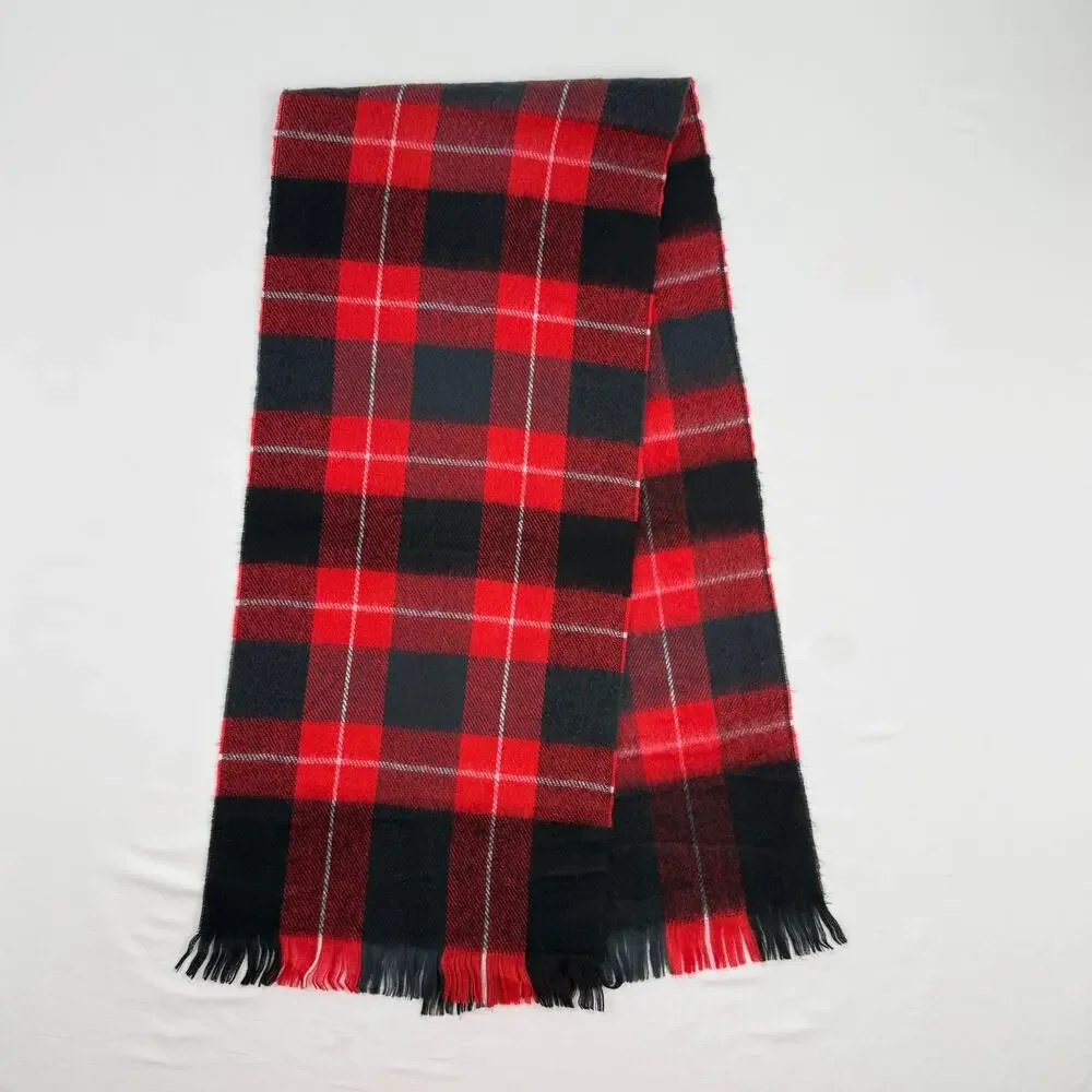 Vintage 100% Cashmere Plaid Scarf Made in England Red Black Fringe Soft
